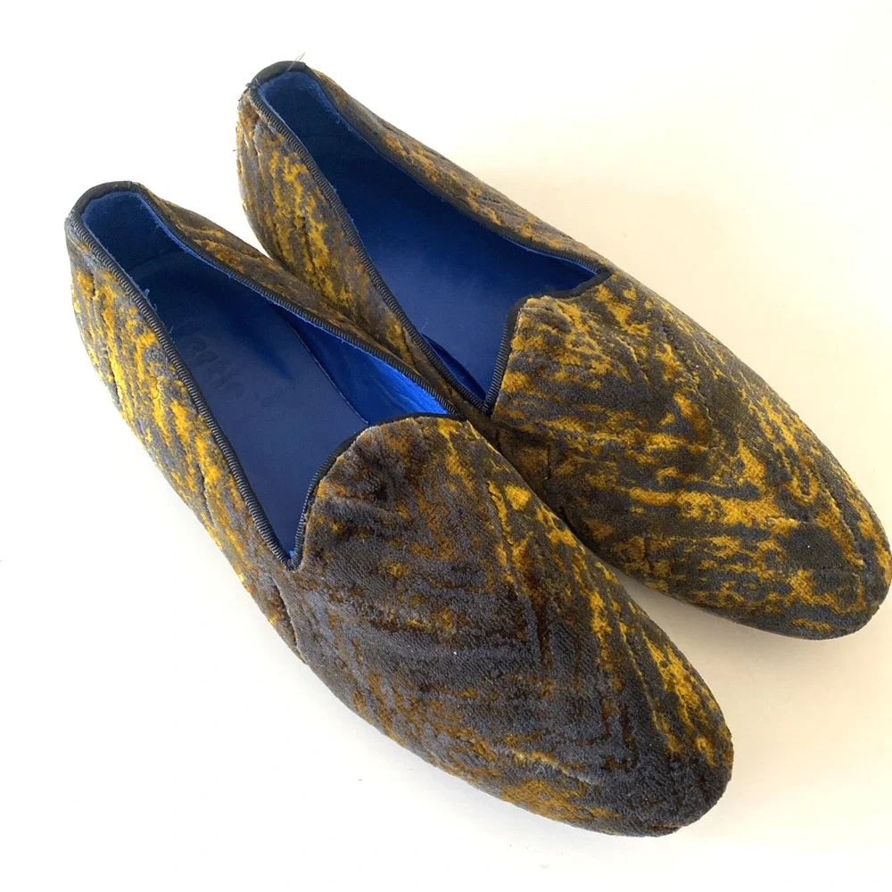 Fertini 80200 Low Vamp Loafer Gold Velvet Slip on Smoking Shoe Yellow Gray 43